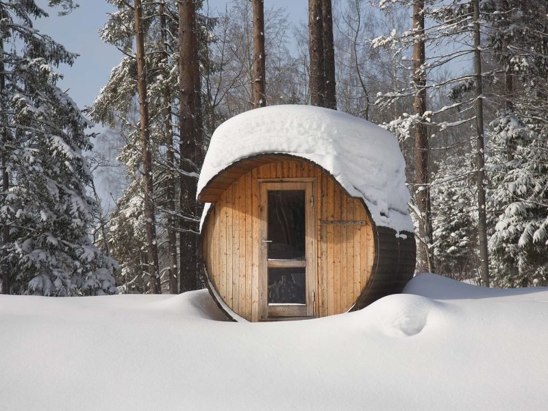 Round Barrel Sauna in the Snow